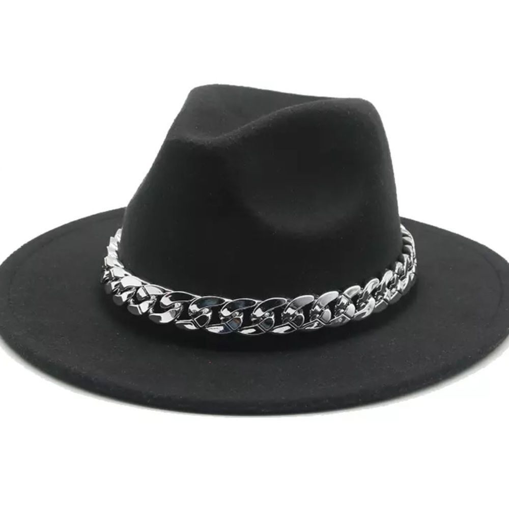 Black Stiff Brim Tall Dented Crown Silver Chain Band Trilby Fedora Hat NEW